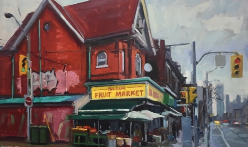 The Bloor Food Market is a 2017 painting in Brian Harvey's collection. The market is located in Toronto's west end. Photo is courtesy of Brian Harvey's website.