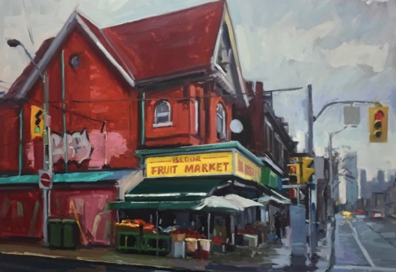 The Bloor Food Market is a 2017 painting in Brian Harvey's collection. The market is located in Toronto's west end. Photo is courtesy of Brian Harvey's website.