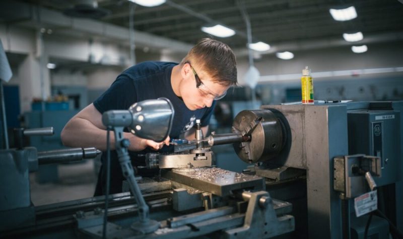 Un jeune homme est penché au-dessus d'une machine qui perce une pièce de métal.