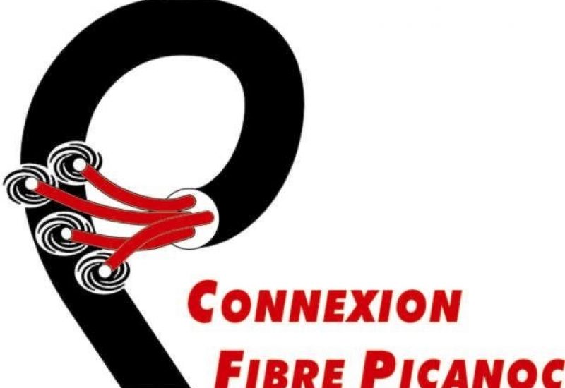 A black and white and red logo for Connexion Fibre Picanoc with a fibre cable at the centre