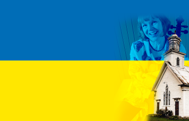 The Ukrainian flag with a photo of Kaderavek holding her cello faded in the background. In the bottom right hand corner, the Anglican church in Abercorn stands out. It is a small, white church