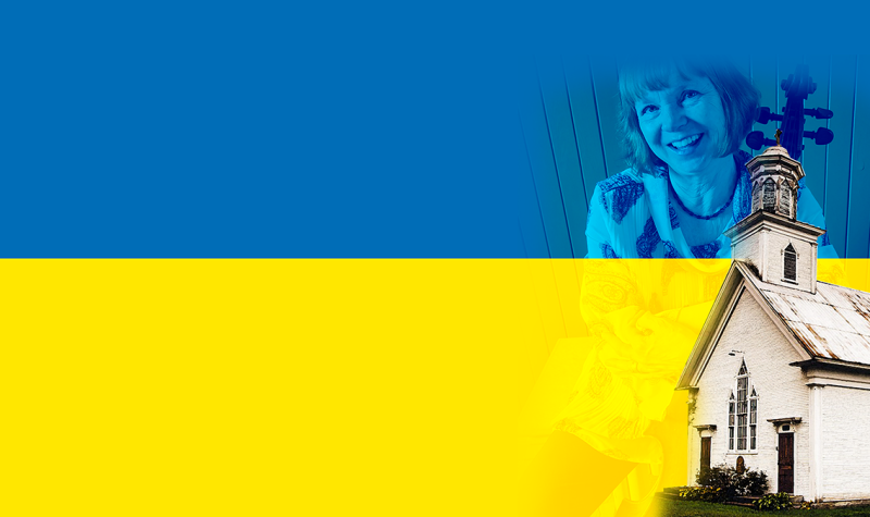The Ukrainian flag with a photo of Kaderavek holding her cello faded in the background. In the bottom right hand corner, the Anglican church in Abercorn stands out. It is a small, white church