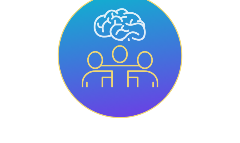 Le logo du site inernet, troi personnes dans un cercle bleu sous un cerveau