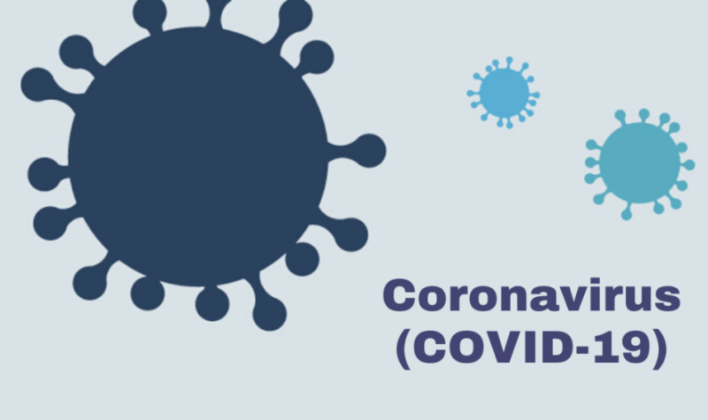 Blue cartoon virus' on a blue background reading coronavirus