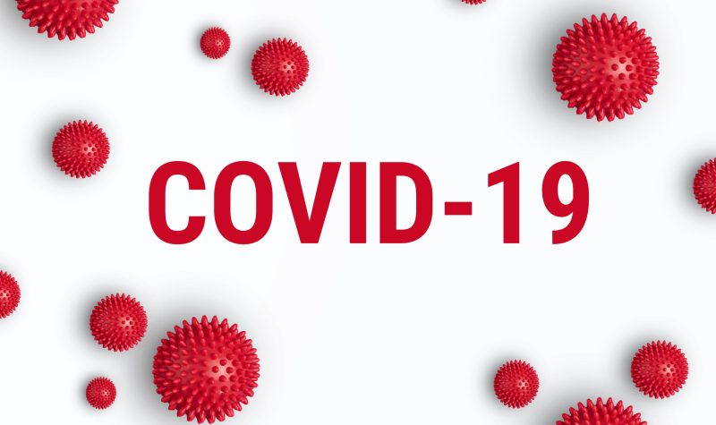 Fond blanc accompagné de points rouges et inscrit COVID-19 également en rouge.