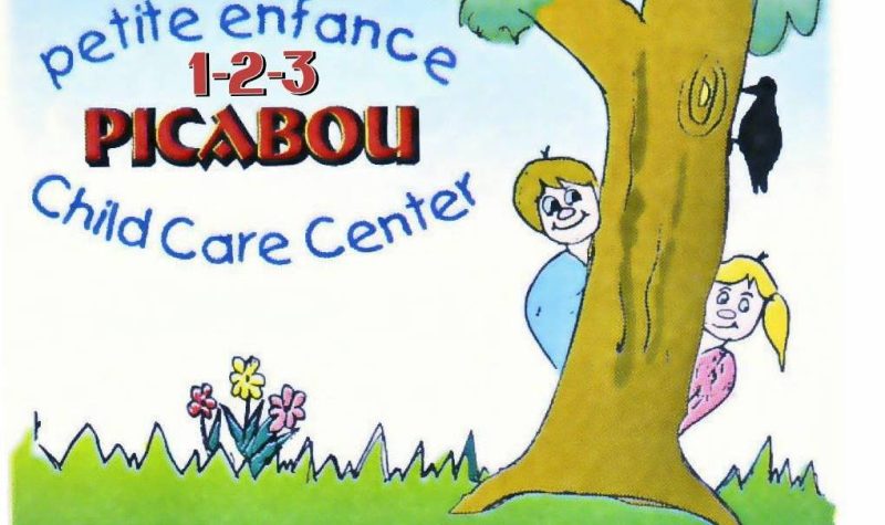 The logo of CPE 1-2-3 Picabou, with a drawing of three flowers, and two children looking out from behind a tree on green grass.