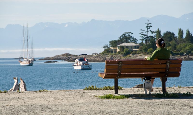 femme de dos assise sur un banc face à la mer avec bateaux visibles et les montagnes au loin