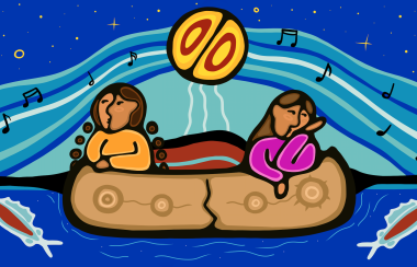 Indigenous style art of two women in a canoe