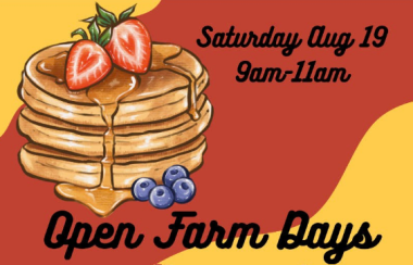 Un dessin de trois crêpes empilées avec du coulis de sirop, deux fraises sur le dessus et quatre bleuets au pied de la tour. Sur l'affiche au fond rouge et orange est inscrit « Saturday Aug 19 9am-11am Open Farm Days »