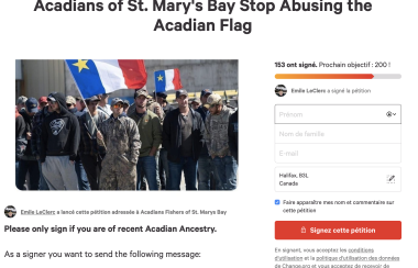 Une pétition en ligne contre l'utilisation du drapeau acadien dans les manifestations entre pêcheurs. Photo : Valentin Alfano sur Change.org