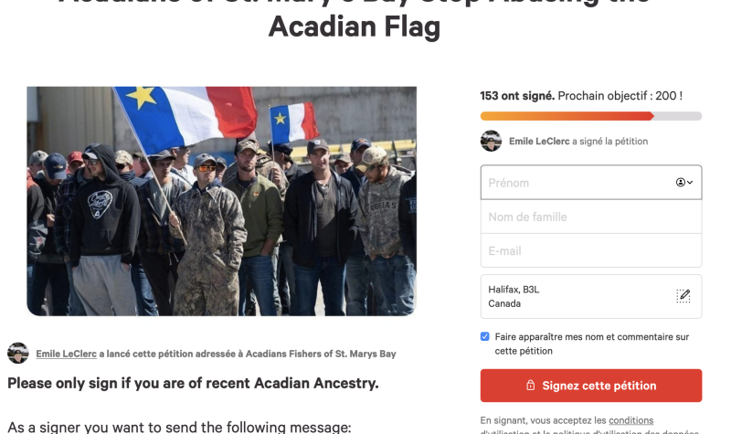 Une pétition en ligne contre l'utilisation du drapeau acadien dans les manifestations entre pêcheurs. Photo : Valentin Alfano sur Change.org