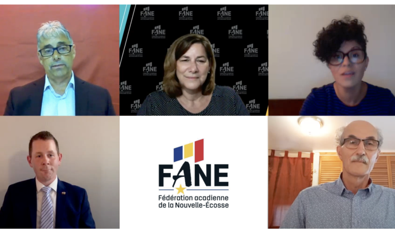 Les 4 candidats sont en visioconférence avec Marie-Claude Rioux. En bas le logo de la FANE.