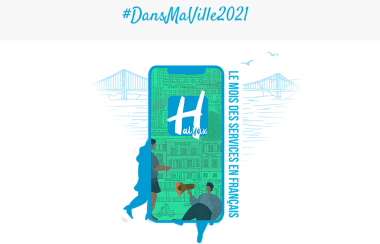 Une illustration de téléphone avec des personnes qui communique et au loin un des ponts d'Halifax et le nom #DansMaVille