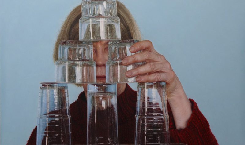 A painting of a Woman stacking glassware in a pyramid shape