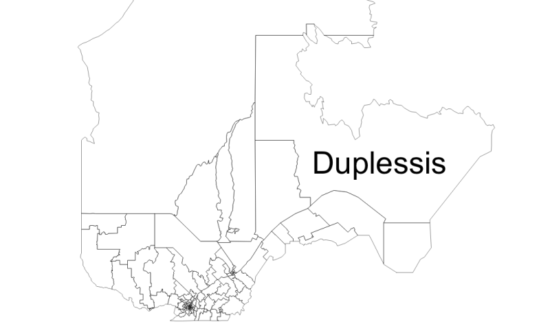 Carte du Québec en noir et blanc présentant les délimitations des circonscriptions électorales.