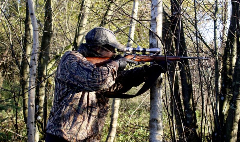 Parmi des arbres dans une forêt, un homme de côté vise à l'extérieur de la photo une cible avec une carabine.