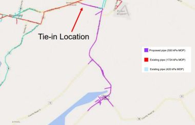 A colour map of the southern reaches of Picton Ontario. Coloured (light blue and red) lines show existing natural gas infrastructure in the area of the map. A long purple coloured line extends southwards from it to represent the proposed gas line expansion.