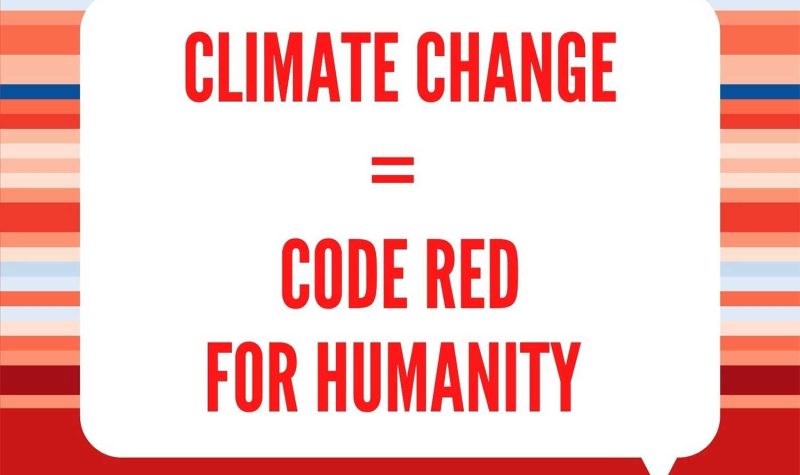 Code Red for Humanity poster with red font and a red striped background