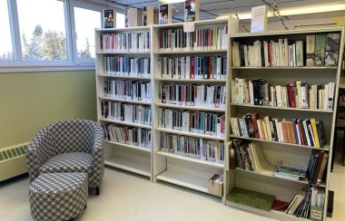 Un fauteuil de lecture repose près de trois étagères remplies de livres.