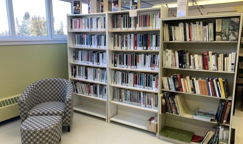 Un fauteuil de lecture repose près de trois étagères remplies de livres.