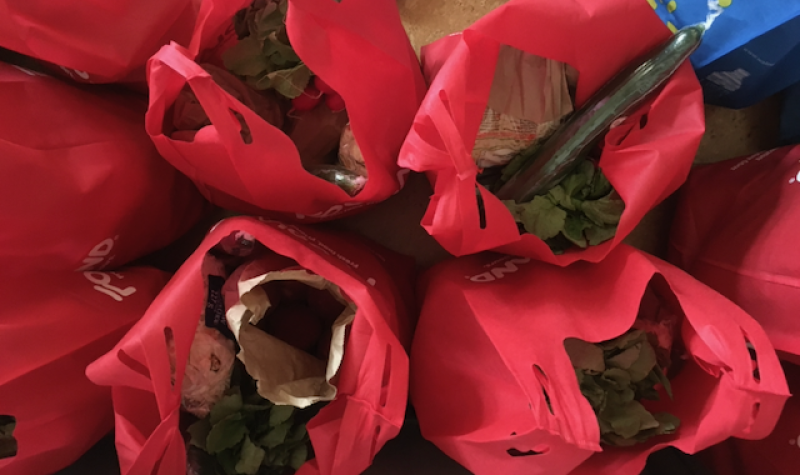 Red reusable grocery bags full of fresh produce, from above