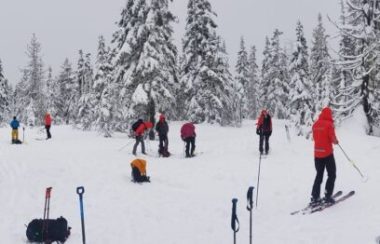 A group of Comox Valley search and rescue team members on skis on a snow covered mountain