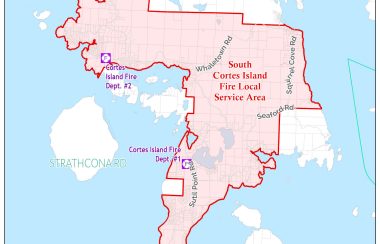 A map of Cortes Island with a red zone describing the 'Fire Local Service Area'.