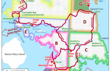 A colorful map of Cortes Island showing zones of evacuation