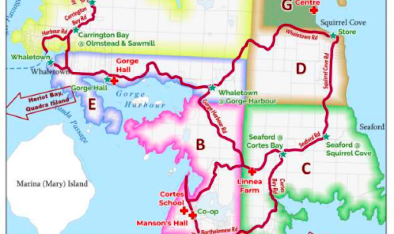 A colorful map of Cortes Island showing zones of evacuation