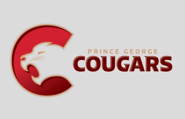 Prince George Cougars logo with a cougar head on the left in a red circle against a grey background.