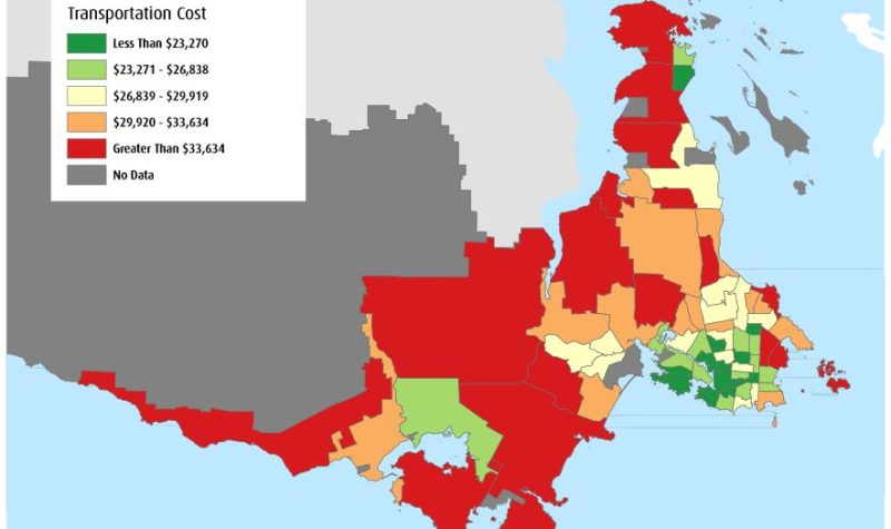 Une carte représentant les moyennes du cout annuel du logement et du transport par ménage et par zone dans le Grand Victoria.
