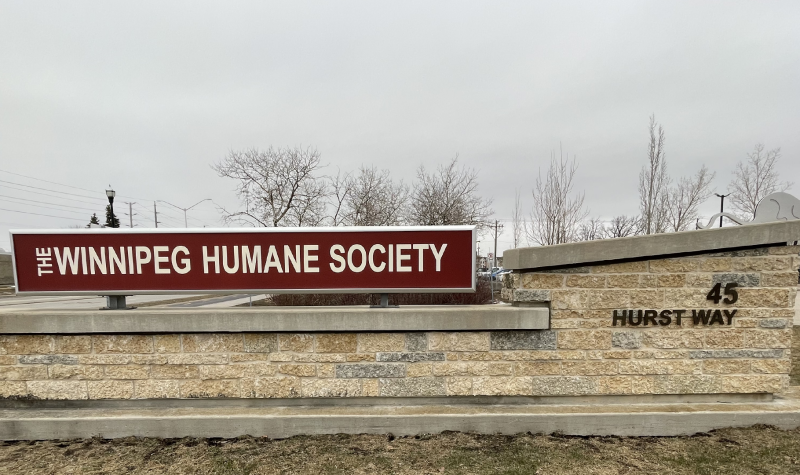 L'enseigne de l'Humane Society en blanc et rouge avec l'adresse mentionnée à droite.