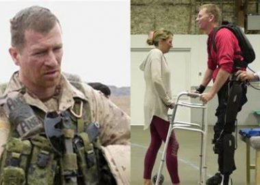 Captain Trevor Greene in Afghanistan before attack and in BC with exoskeleton.   Photos courtesy of Funker530