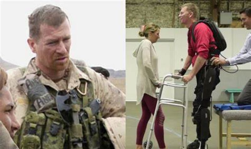 Captain Trevor Greene in Afghanistan before attack and in BC with exoskeleton.   Photos courtesy of Funker530