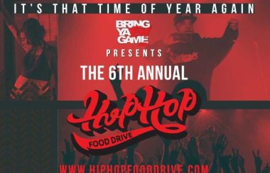 A red and black online poster for the 6th annual Hip Hop Food Drive