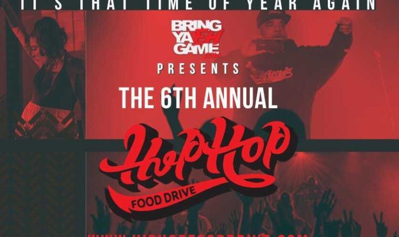 A red and black online poster for the 6th annual Hip Hop Food Drive