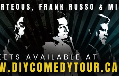 Poster for th DIY Comedy Tour with silhouettes of Scott Porteous, Frank Russo and Mike Payne