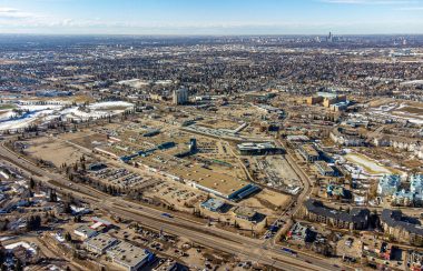 A drone shot of the Mill Woods Town Centre during the day