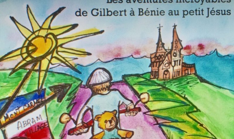 Illustration avec un soleil un château et un homme sur une bicyclette.