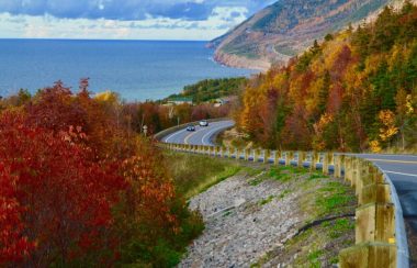 Route traversant là où la mer rencontre les montagnes dans un décor d'automne.