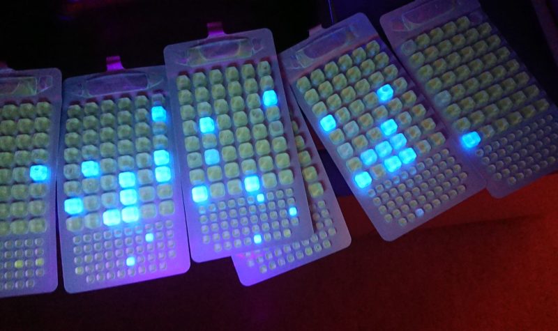 sorte de clavier avec des touches carrées et volumineuses dont certaines sont illuminées en bleu clair