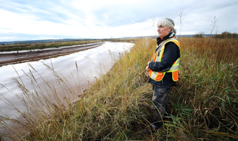 Woman is a fluorescent vest overlooking a tidal river.