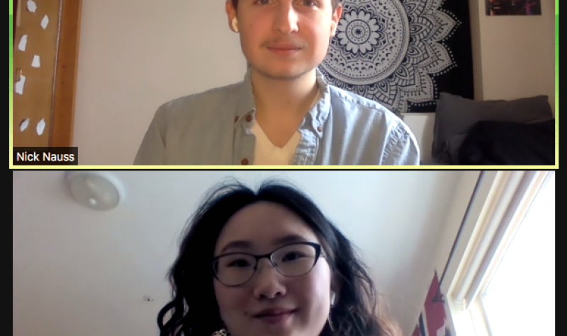 Nick Nauss (above) and Helen Yao (below) of Divest MtA, in conversation over Zoom in February.