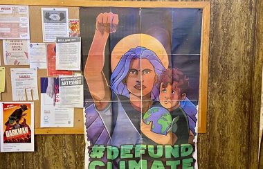 A multi-page poster grid depicting a woman with raised fist holding a child who is holding a globe, with the text #Defund Climate Chaos printed below.