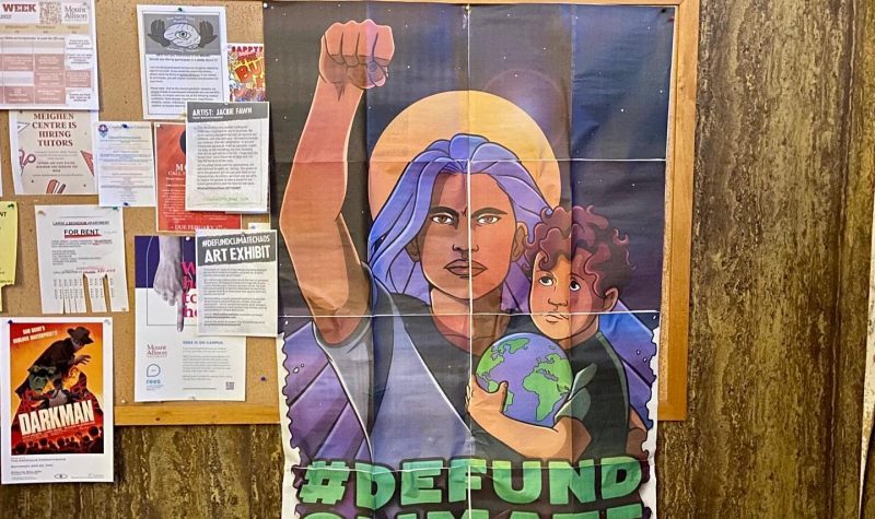 A multi-page poster grid depicting a woman with raised fist holding a child who is holding a globe, with the text #Defund Climate Chaos printed below.