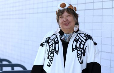 A photo of Dr. Judith Sayers in Nuu-Chul-Nulth regalia