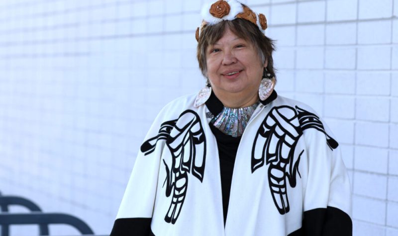 A photo of Dr. Judith Sayers in Nuu-Chul-Nulth regalia