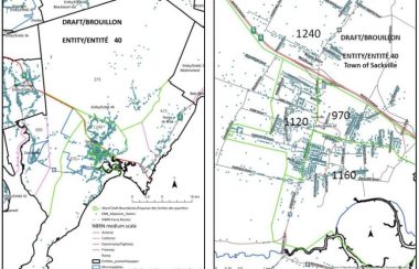 A white map showing wards in New Brunwick with multicoloured lines.