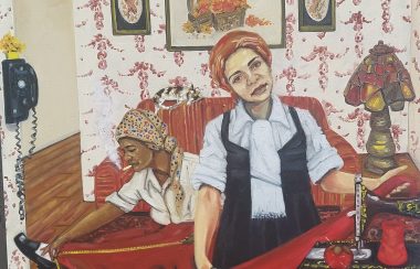 A painting of two women in a 70's style living room wiht sewing machines and fabric