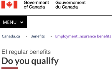 A black and white screenshot of the Employment Insurance page on the Government of Canada website